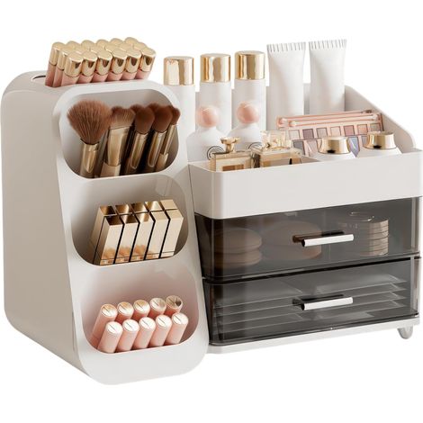 Organiseur Maquillage 2 Tiroirs - Boîte Rangement Cosmétique PET+ABS - Design Transparent et Robuste - Pour Salle de Bain et Vanity - Blanc 35x19x25cm (1/5)