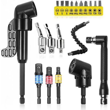 20 Pièces Renvoi D'Angle Visseuse Kit, 105° Tournevis Flexible, 1/4" Embouts Vissage Courts, Renvoi D'angle Visseuse, Tiges D'extension Flexibles Pour Espaces Confinés Perceuse (1/5)