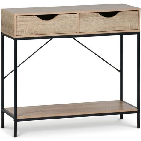 Table console d'entrée - JUANIO - 80x30x75 cm - 2 tiroirs - Structure métallique noire - Effet bois naturel (1/5)