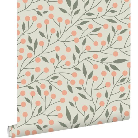 papier peint fleurs vert grisé et rose pêche - ESTAhome (1/5)