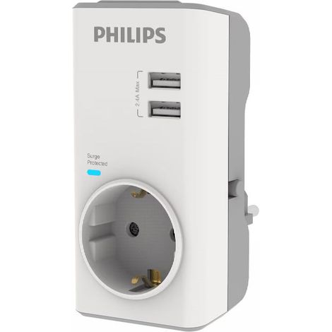 Adaptador schuko philips 2usb - proteccion sobrevoltaje