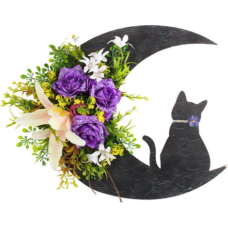 Couronne de porte Halloween lune chat, décoration suspendue avec fleurs artificielles, guirlande d'Halloween (1/5)