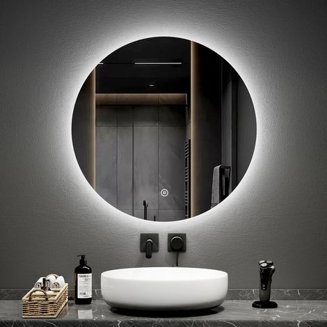 EMKE Espejo de baño LED redondo con interruptores táctiles retroiluminados sin marco - diámetro 70 cm Luz blanca fría