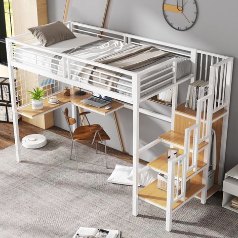 Hochbett 90/200 cm Weiß/Natur aus Metall und Holzwerkstoff mit Schreibtisch und Kleiderschrank (1/5)