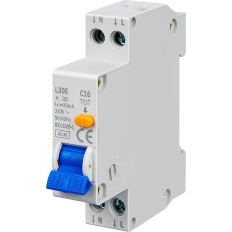 Interrupteur FI/LS - Disjoncteur FI RCBO B16A 30 mA - Disjoncteur différentiel 1P+N - Courant nominal RCD - 230 V - Type A - Montage sur rail DIN - Courbe C (1/5)