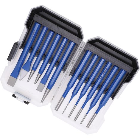 Kit de 12 poinçons à gravure avec manches bleus pour métal et bois, formes conique, cylindrique et plat