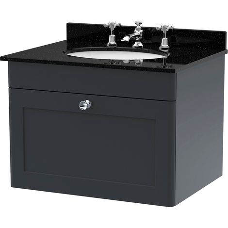 Nuie Classique Satin Soft Black 600mm Wall Hung Single Drawer Vanity Unit with Black Marble Countertop and Round Basin with 3 Tap Holes - CLC1494BR3 (1/2)
