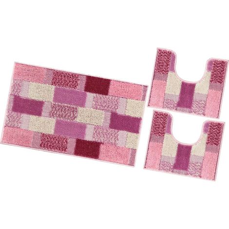 Tappeto Bagno Set 3 Pezzi Moderno Soffice Antiscivolo Assorbente Doccia 100% Made In Italy - Rosa