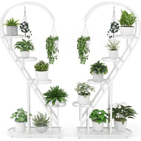 Étagère porte-plantes blanche en métal à 5 niveaux avec crochet et tablettes ajourées, pour salon, balcon et terrasse (1/5)