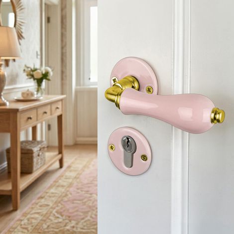 Ouvre&Déco – 2 poignées de porte LIZON trou de cylindre porte de bureau, service ou d'entrée, Rosace ronde, Design Classique Chic, Porcelaine rose, Coude aspect or