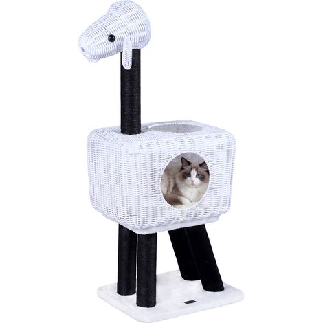 Arbre à chat blanc en forme de mouton avec niche en rotin à 2 portes, coussin lavable et griffoirs en sisal pour salon, chambre (1/5)