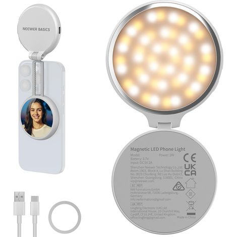 Basics Lampe LED Magnétique pour Selfie Compatible avec MagSafe iPhone,Support de Bureau pour Téléphone avec Miroir de Maquillage,1160lx/0,2m,900mAh,CRI95,éclairage d'Appoint Vidéo,Blanc NL48R