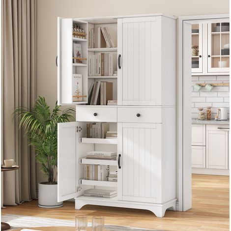 Credenza alta bianca con ripiani regolabili, 2 cassetti e vassoio scorrevole, 77x40x181 cm (1/5)