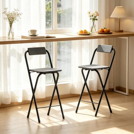 Ensemble de 2 tabourets de bar pliants avec dossier et repose-pieds, structure en acier robuste, hauteur des tabourets : 87 cm (vendu uniquement par lot de 2 tabourets). (1/5)