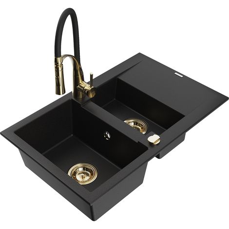 Mexen Gaspar lavello in granito 1,5 vasca con scolapiatti e miscelatore cucina Aster, nero - 6507-77-73450-57-G (1/5)
