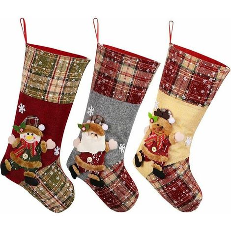 6 Weihnachtsstrümpfe für Christbaumschmuck 28 cm Weihnachtsmann, Schneemann, Rentier Muster