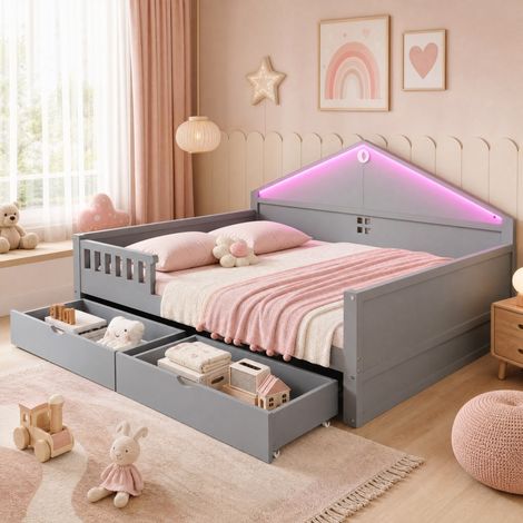 Lit simple enfant 140x200 cm avec LED et 2 tiroirs, gris, structure en bois, sans matelas FloraGrace (1/5)