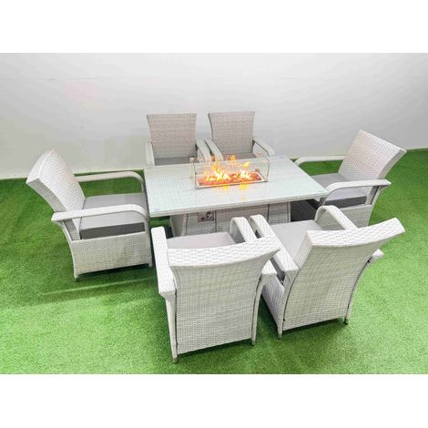 Fimous Outdoor Rattan Garden Furniture Set Patio 6 Chairs Plus Gas Fire Pit Table Sets Light Grey Mixed (1/5)