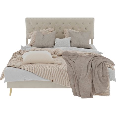 Lit moderne minimaliste rembourré, tête de lit confortable et douce, 140200CM, beige, meuble de chambre multifonctionnel, cadre de lit bas sans barre de relevage, matelas non inclus. (1/5)