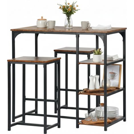 FurnitureR 3-Piece Bar Dining Set, Industrial Table with Storage Shelves and 2 Stools, Black Metal Frame with MDF Top, Brown
