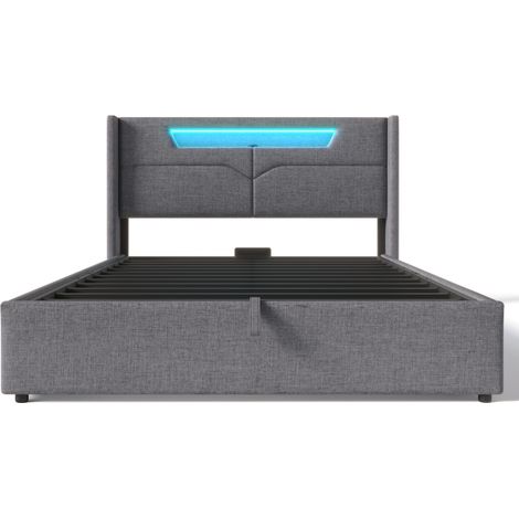 Lit double capitonné LED avec fonction de charge USB Type C et éclairage LED, lit de rangement, cadre de lit en lin, lit junior 160x200 avec sommier à lattes (sans matelas) (1/5)