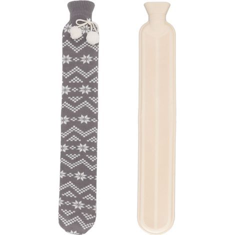 Bouillotte longue – 72 cm – 2000 ml – Housse grise motif flocon – Chauffe-dos (1/5)