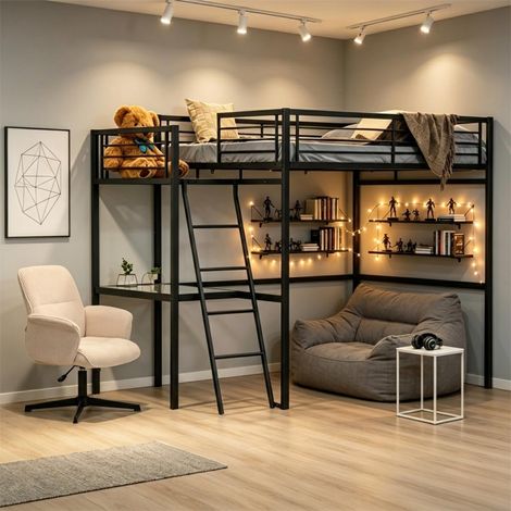 Lit Mezzanine 2 Places avec Fauteuil Réglable et Bureau en Verre Trempé, Gain de Place pour Chambre Étudiant Adolescent Adulte, Cadre Métallique, Noir + Beige (1/5)