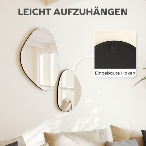 Lot de 2 miroirs muraux 70x46 cm et 49,5x31 cm, miroir fenêtre à cadre métallique, forme galet, noir (1/5)