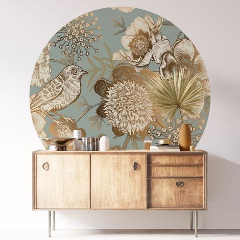 Sticker mural rond / cercle - Fleurs Oiseau - Diamètre 30 cm - Adhésif MAT (1/3)