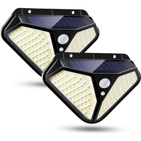 2er-Pack Solar-Wandleuchten, 102 LEDs für den Außenbereich, wasserdicht (IP65), Bewegungsmelder, 3 Beleuchtungsmodi, kabellos, für Garten, Zaun, Tor, Hof und Garage (1/4)
