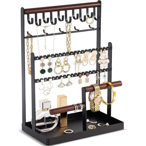 Porte Bijoux Présentoir à Bijoux en Metal et Bois Durable avec Plateau et Crochets, Porte Collier Boucles d’Oreille, Organisateur de Bijoux -Noir (1/5)
