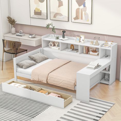Letto a Divano 90×200 cm, Letto Singolo con Presa, USB, 2 Cassetti, Scrivania e Mensole, senza Materasso, Bianco (1/5)
