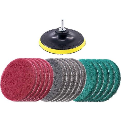 Set of 16 5-inch scouring pads, 3 different colors, drill-powered brushes, cleaning kit, abrasive polishing pads, 1 mounting hook for cleaning (1/5)