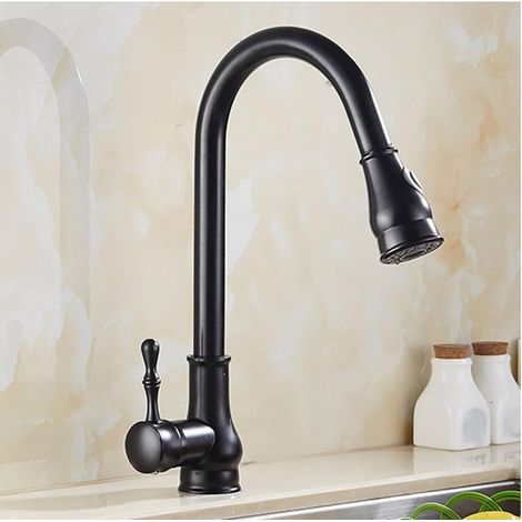 Mitigeur de cuisine vintage avec douchette, rotation 360°, eau chaude et froide, robinet noir rétro pour évier (1/4)