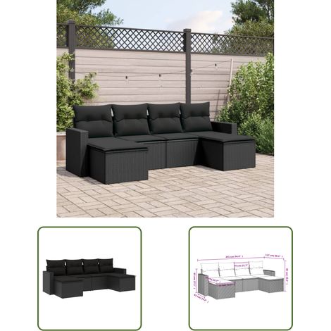 The Living Store Salon de jardin 6 pcs avec coussins noir résine tressée - Salon De Jardin - Mobilier Extérieur - Salon D'extérieur - Set De Canapé - Résine Tressée (1/3)