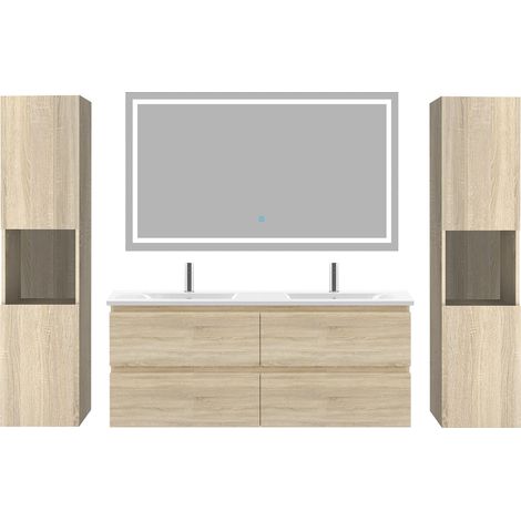 Ocean Ensemble meubles Salle De Bain 120cm 4 tiroirs double vasque + colonne + miroir LED Chêne Wotan 5pcs