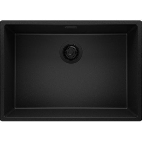 PRIMAGRAN Evier Sous Plan 66x47cm, Evier en Granit 1 bac + Kit de Vidage, Évier au meuble 70cm - London, Tout Noir (1/5)