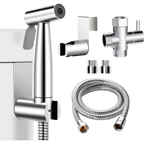 Kit Douchette WC Acier Inoxydable SUS304, Shattaf Toilette Haute Pression Anti-Fuite avec Flexible & Adaptateur G3/8 (1/5)