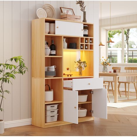 Buffet haut 115x35x180 cm en bois blanc et naturel, avec rangement pour cuisine FloraGrace (1/5)