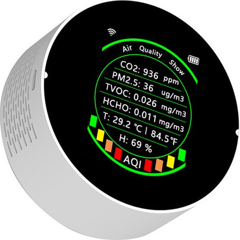 Appareil de mesure de la qualité de l'air multifonctionnel 7 en 1 : PM2.5, CO2, TVOC, HCHO, AQI, température, humidité, écran couleur portable, détecteur de dioxyde de carbone avec fonction de seuil d (1/5)