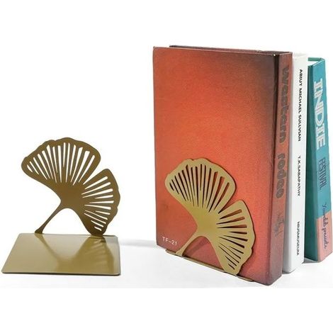 HOXILEELEOLot De 2 Serre-Livres En Métal Doré Motif Feuille De Ginkgo, Support Livres Décoratif Pour Bibliothèque Bureau 12,4 Cm (1/5)