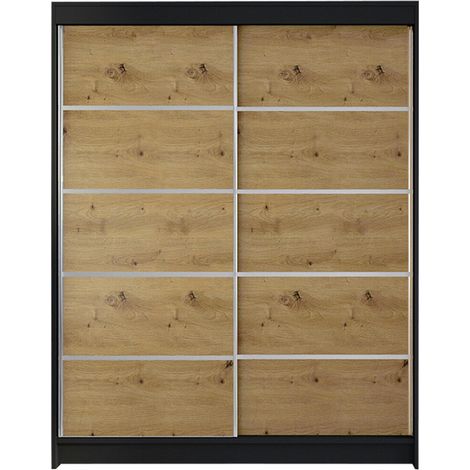 Armoire Closico Vastor IV, Noir + Chêne Artisan, 200x150x58cm, Portes d'armoire: Coulissantes, Nombre d'étagères: 5