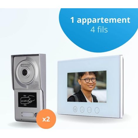 Portier interphone vidéo CLASSIC 4 Fils pour 2 entrées - 1 appartement - 2 platines - 1 écran blanc 7" - avec mémoire photos - avec lecteur de badge (1/4)