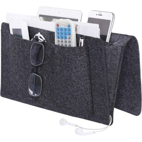 BUNTHAUS Gris foncé Organisateur de Caddie, Poche de Lit Caddie de Chevet en Feutre Bedside Pocket Sac de Rangement avec Câble de Recharg pour Téléphone, Télécommande, Journal, Stylo, Magazine, Lunnet (1/5)