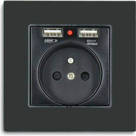Presa a muro con 2 porte USB, 16 A - Pannello in vetro cristallo nero, presa da 250 V con USB (max. 2,1 A), adatta per smartphone, tablet e lettori MP3 (1 pz) (1/5)