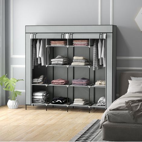 Armadio guardaroba portatile 166x42.5x169.5 cm, 2 aste appendiabiti, 10 ripiani e 4 cassetti, acciaio, grigio scuro (1/5)