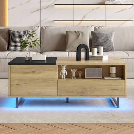 Table basse relevable, 106,5 x 50 x 27,5 cm, couleur naturelle, avec éclairage LED, tiroirs, compartiments et grand espace de rangement (1/5)