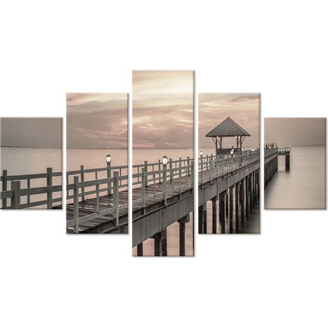 Lupia - Quadro Moderno 5 pezzi in legno VOGUE 83X145 cm MOLO AL TRAMONTO, per soggiorno, camera da letto (1/4)