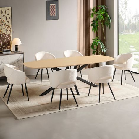 Ensemble table 240 cm effet chêne + 6 chaises tissu bouclette blanc (1/5)