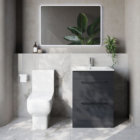 Napoli 460 Gloss Grey 600mm 2 Drawer Vanity Unit and Tacoma Comfort Height Toilet Suite with Angel Basin - 600mm - Chrome 320mm Handle